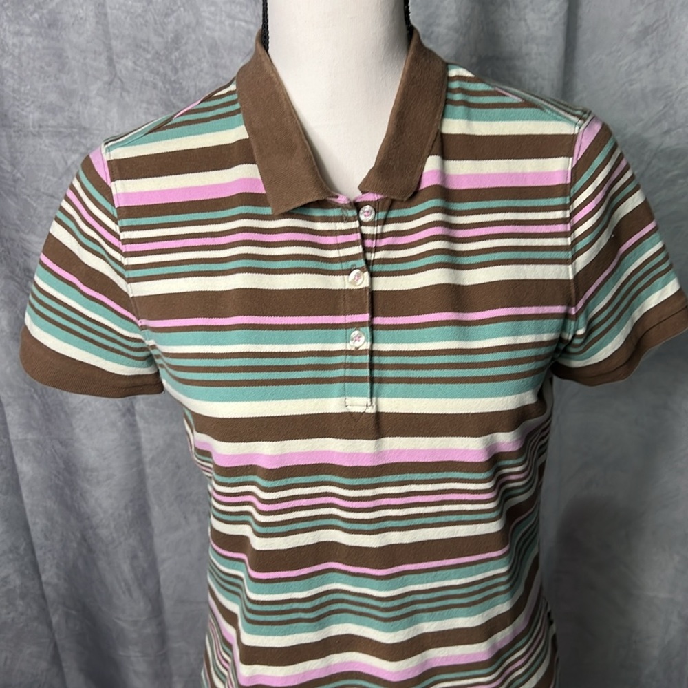 Eddie Bauer Aqua, Brown, Pink & Cream Striped Short Sleeve Polo - size Small - Picture 2 of 14